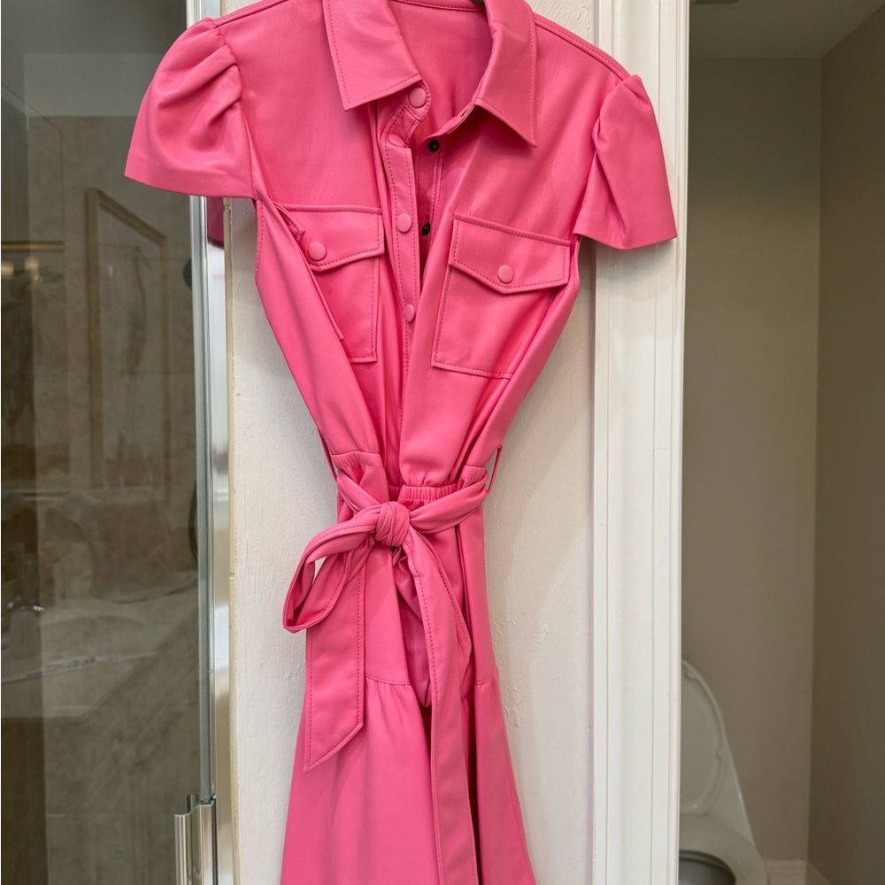 Alice + Olivia Pink Mini Dress with Puff Sleeves and Notched Collar